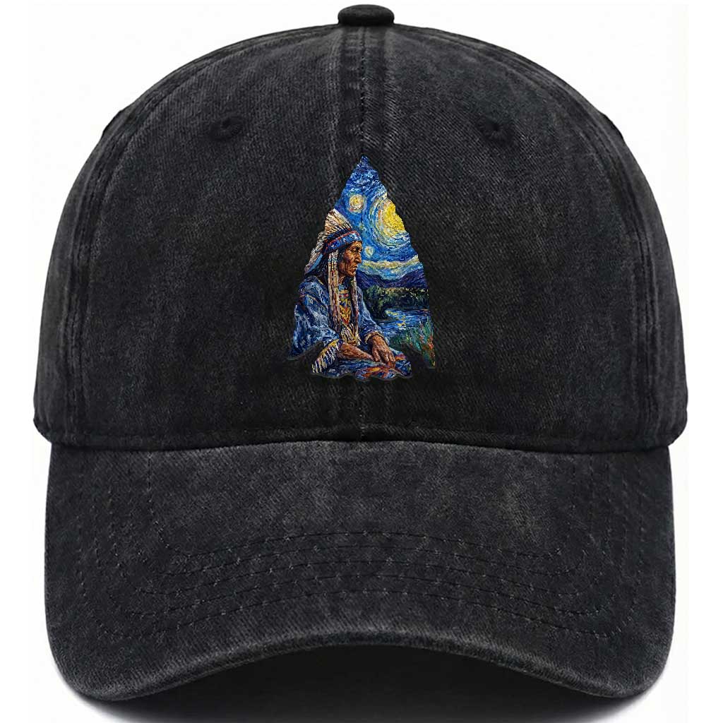 Native American Arrowhead Hunter Starry Night Washed Cotton Baseball Cap TS14 Print Your Wear