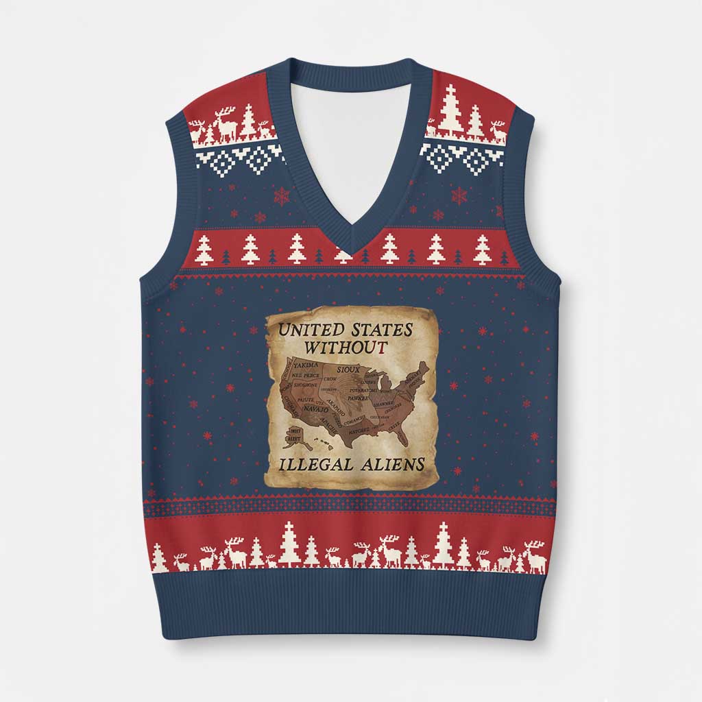 United States Without Illegal Aliens V-Neck Knit Sweater Vest Native Land Map TS14 Navy Red Print Your Wear