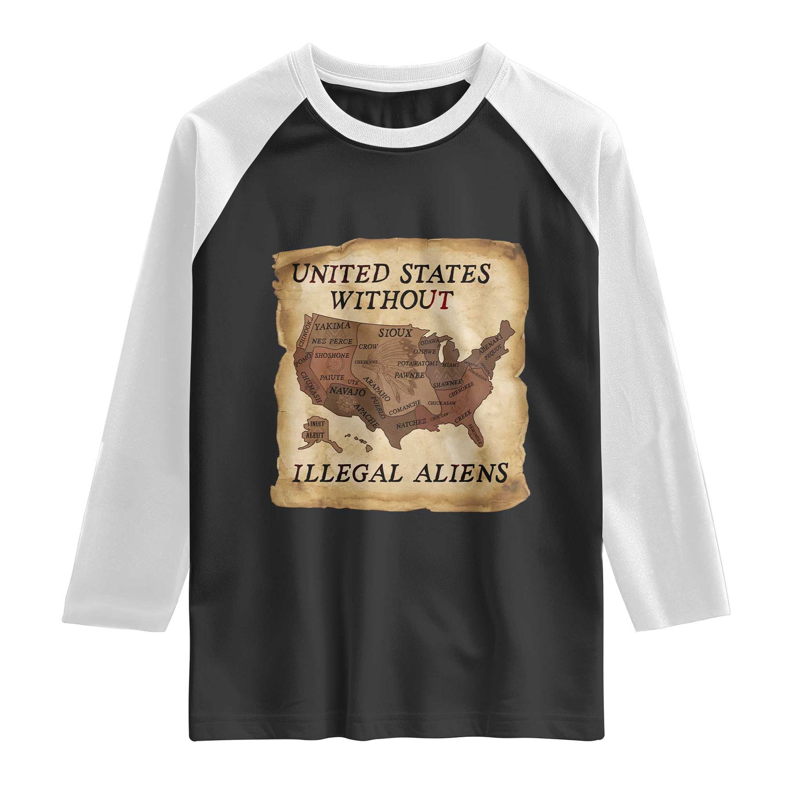 United States Without Illegal Aliens Raglan Shirt Native Land Map TS14 Black White Print Your Wear