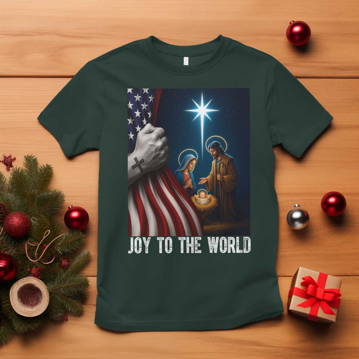 Jesus Christian T Shirt American Flag Joy To The World Christmas TS14 Dark Forest Green Print Your Wear