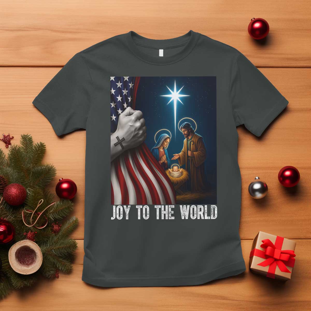 Jesus Christian T Shirt American Flag Joy To The World Christmas TS14 Dark Heather Print Your Wear