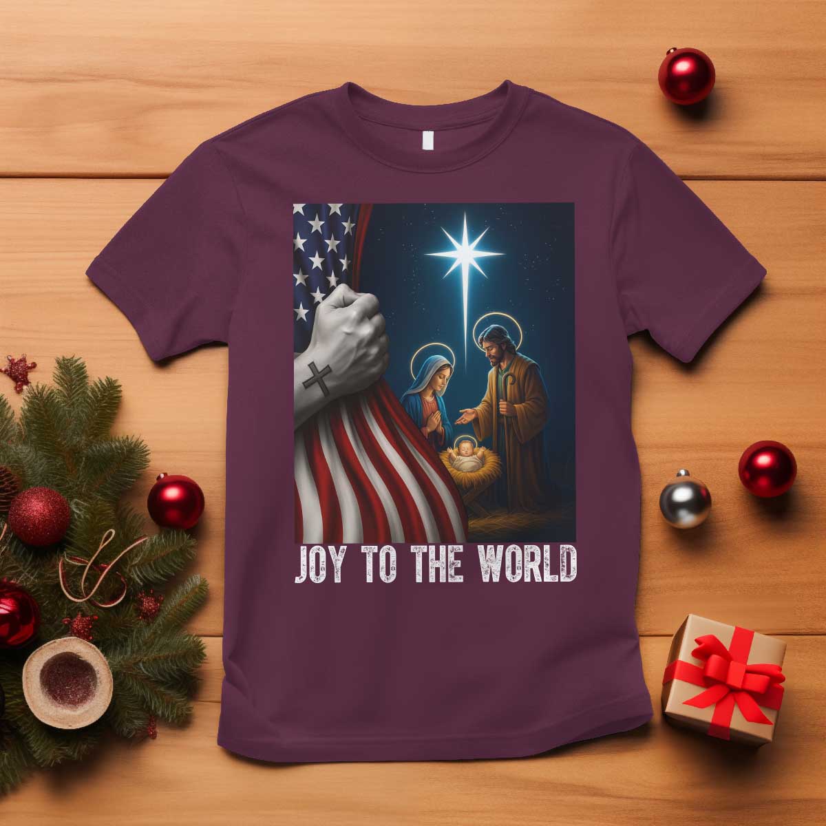 Jesus Christian T Shirt American Flag Joy To The World Christmas TS14 Maroon Print Your Wear