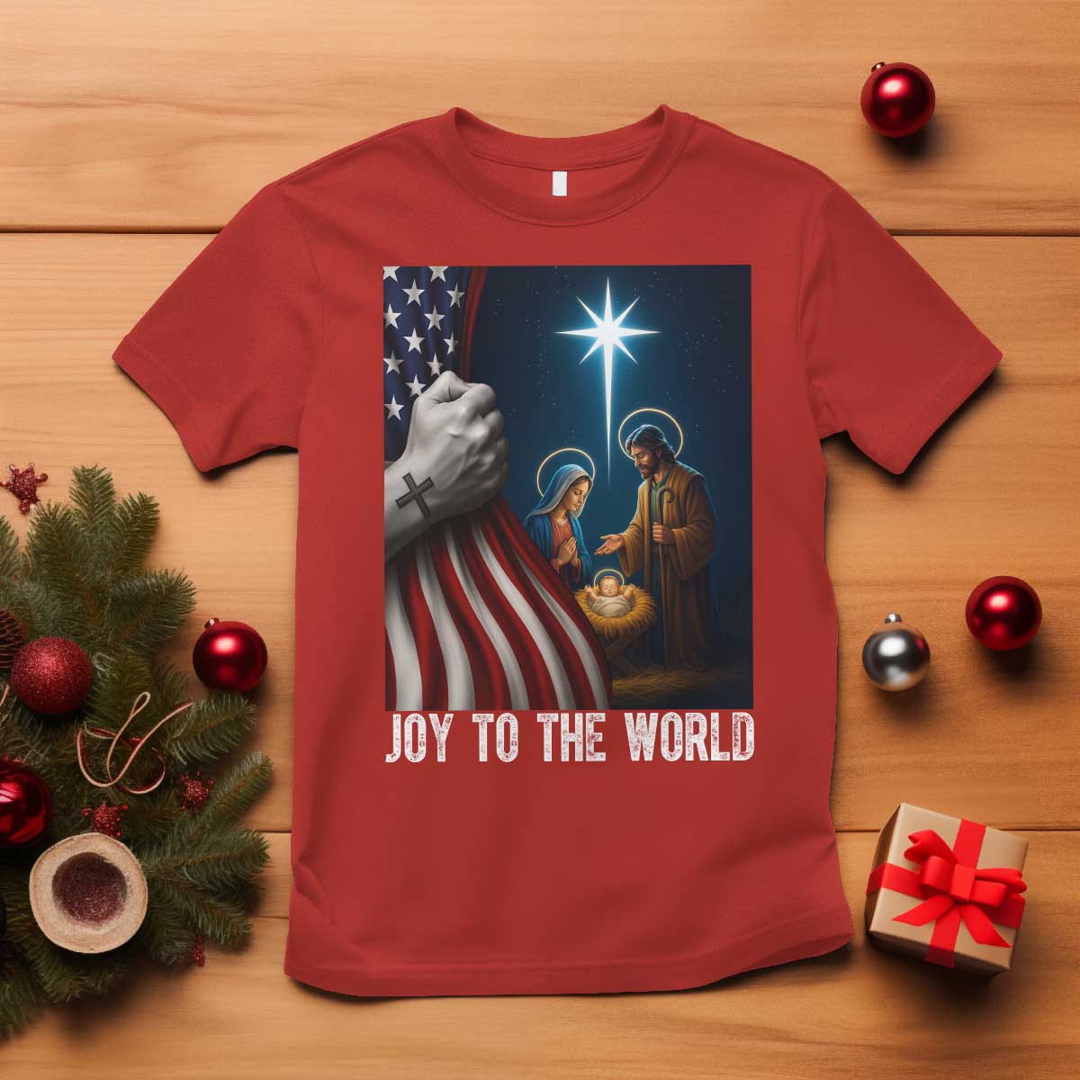 Jesus Christian T Shirt American Flag Joy To The World Christmas TS14 Red Print Your Wear