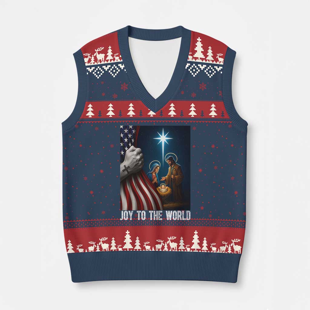 Jesus Christian V-Neck Knit Sweater Vest American Flag Joy To The World Xmas TS14 Navy Red Print Your Wear