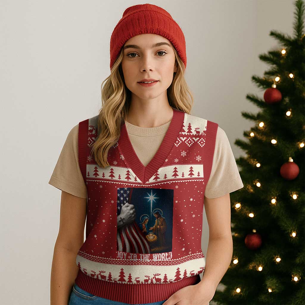 Jesus Christian V-Neck Knit Sweater Vest American Flag Joy To The World Xmas TS14 Red Beige Print Your Wear