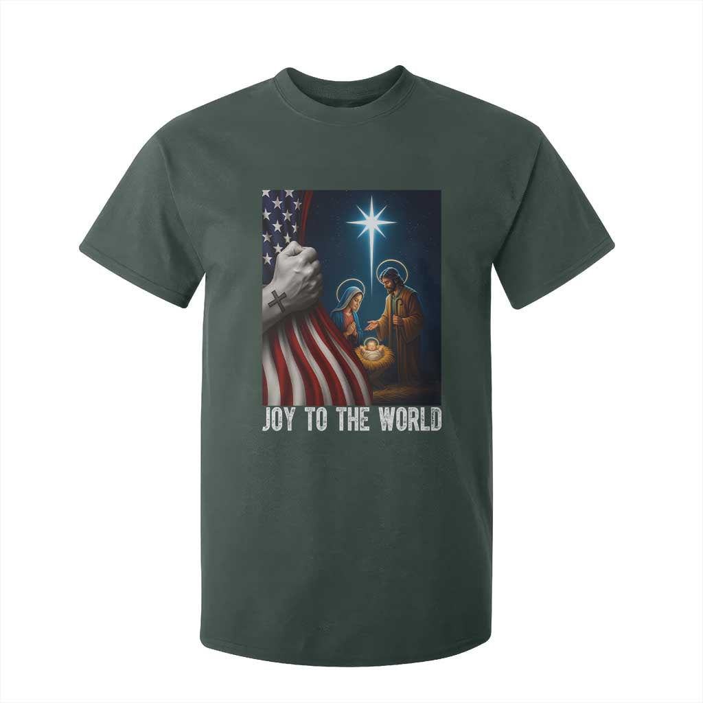 Jesus Christian T Shirt For Kid American Flag Joy To The World Christmas TS14 Dark Forest Green Print Your Wear
