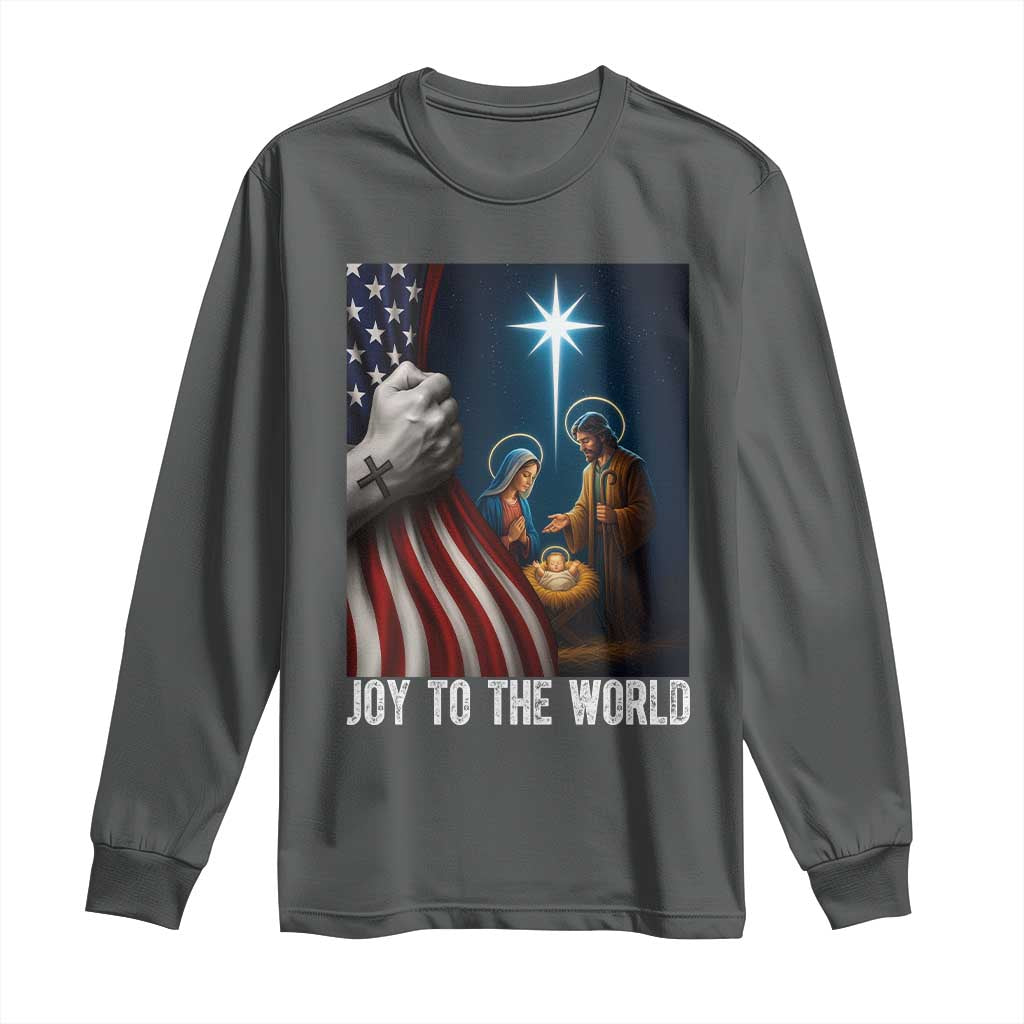Jesus Christian Long Sleeve Shirt American Flag Joy To The World Christmas TS14 Dark Heather Print Your Wear
