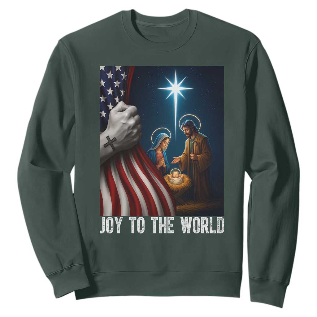 Jesus Christian Sweatshirt American Flag Joy To The World Christmas TS14 Dark Forest Green Print Your Wear