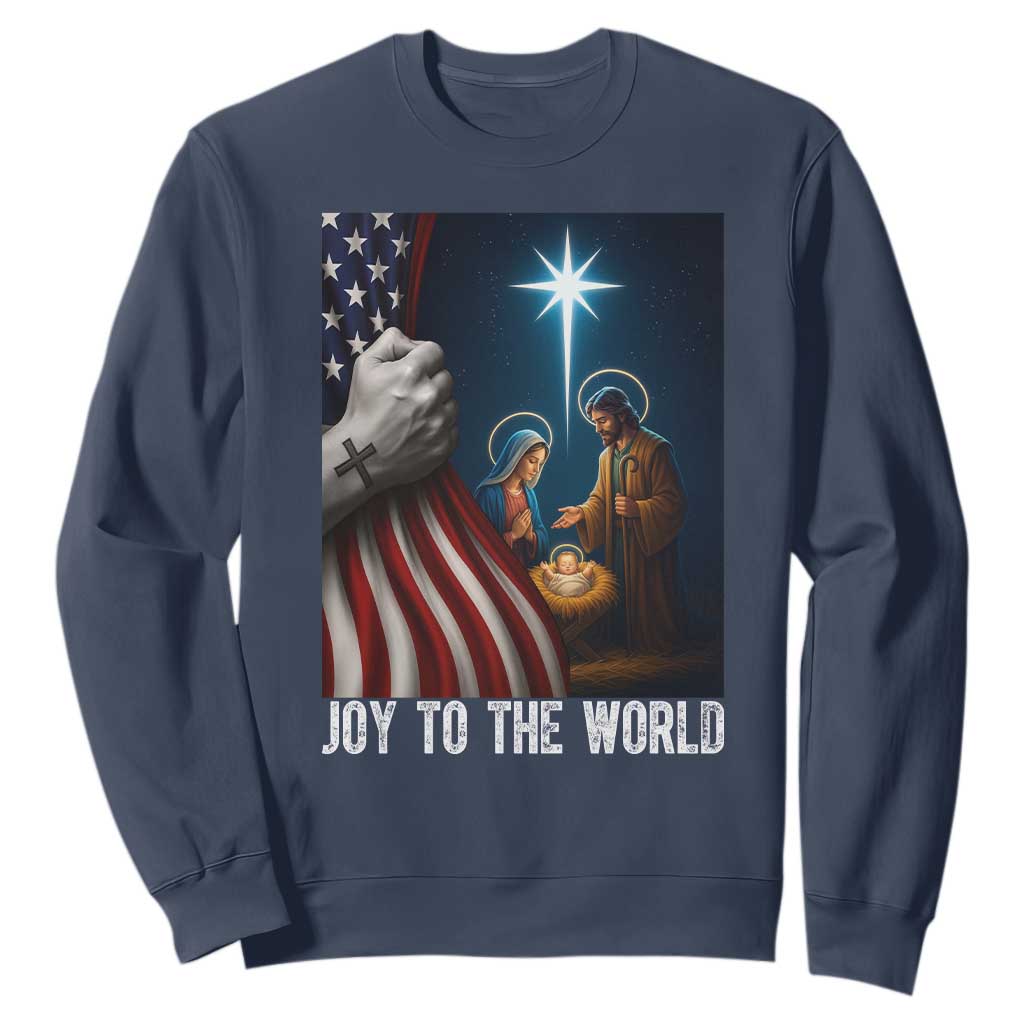 Jesus Christian Sweatshirt American Flag Joy To The World Christmas TS14 Navy Print Your Wear