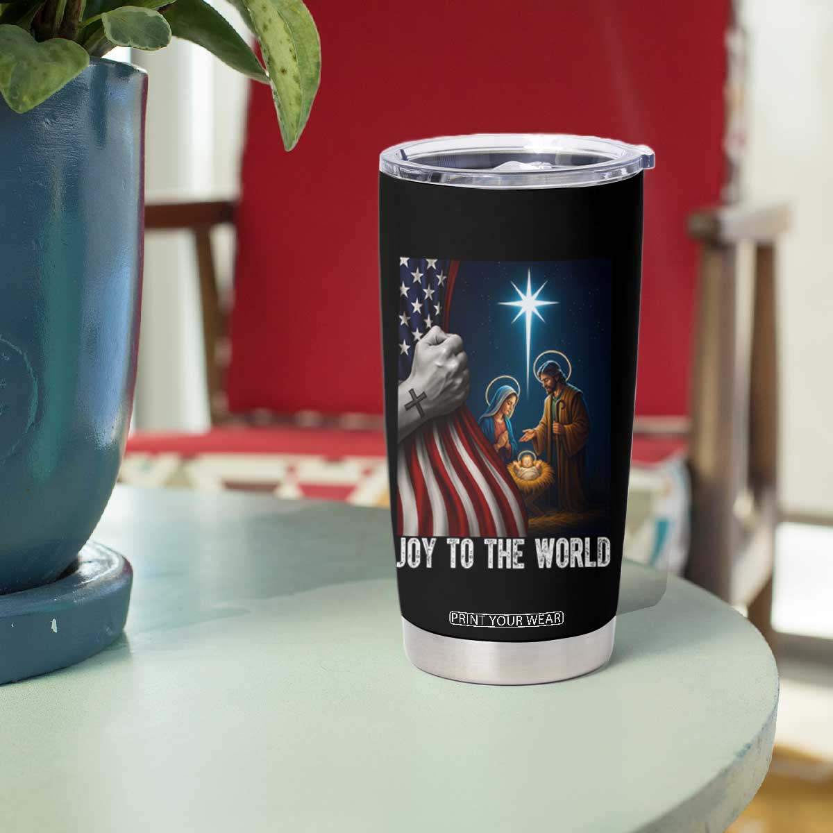 Jesus Christian Tumbler Cup American Flag Joy To The World Christmas TS14 Print Your Wear