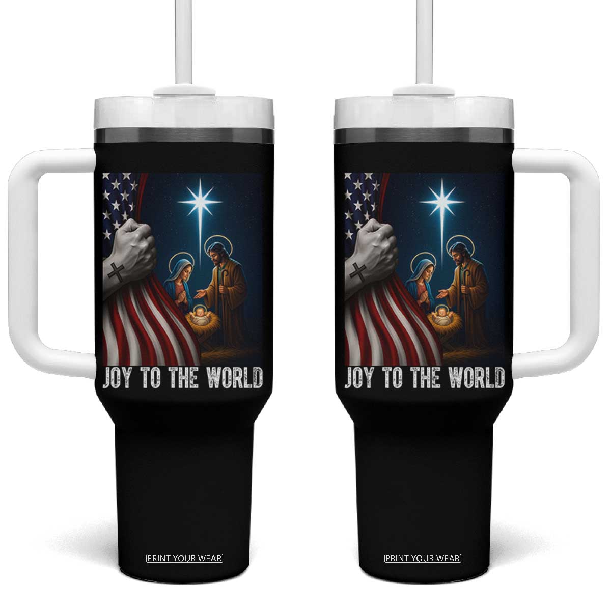 Jesus Christian Tumbler With Handle American Flag Joy To The World Christmas TS14 One Size: 40 oz Black Print Your Wear