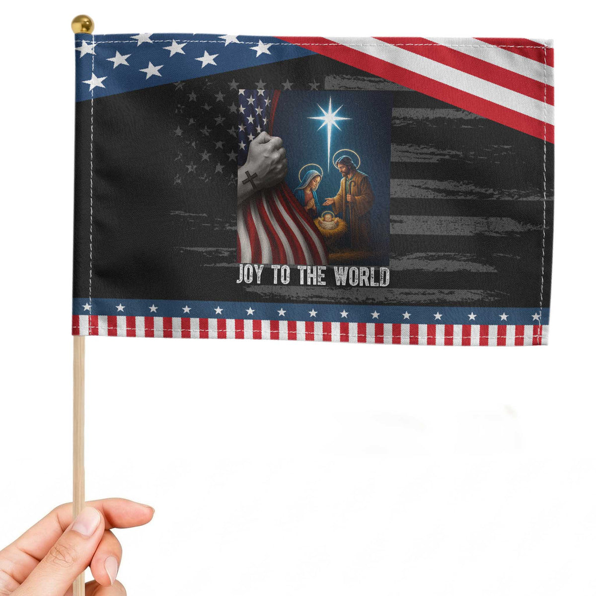 Jesus Christian Patriotic Handheld Flag American Flag Joy To The World Christmas TS14 Distressed 8.2