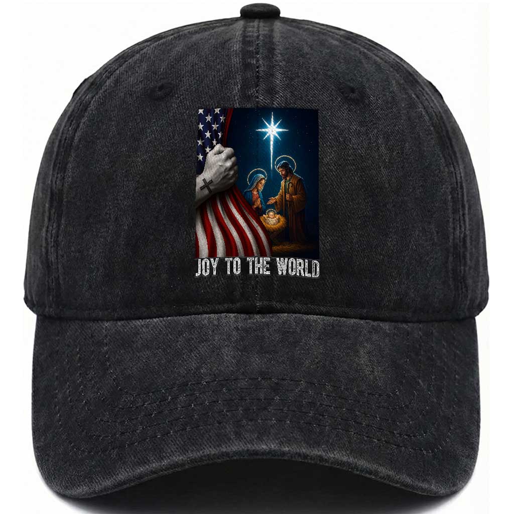 Jesus Christian Washed Cotton Baseball Cap American Flag Joy To The World Christmas TS14 Washed Cap Universal Fit Black Print Your Wear