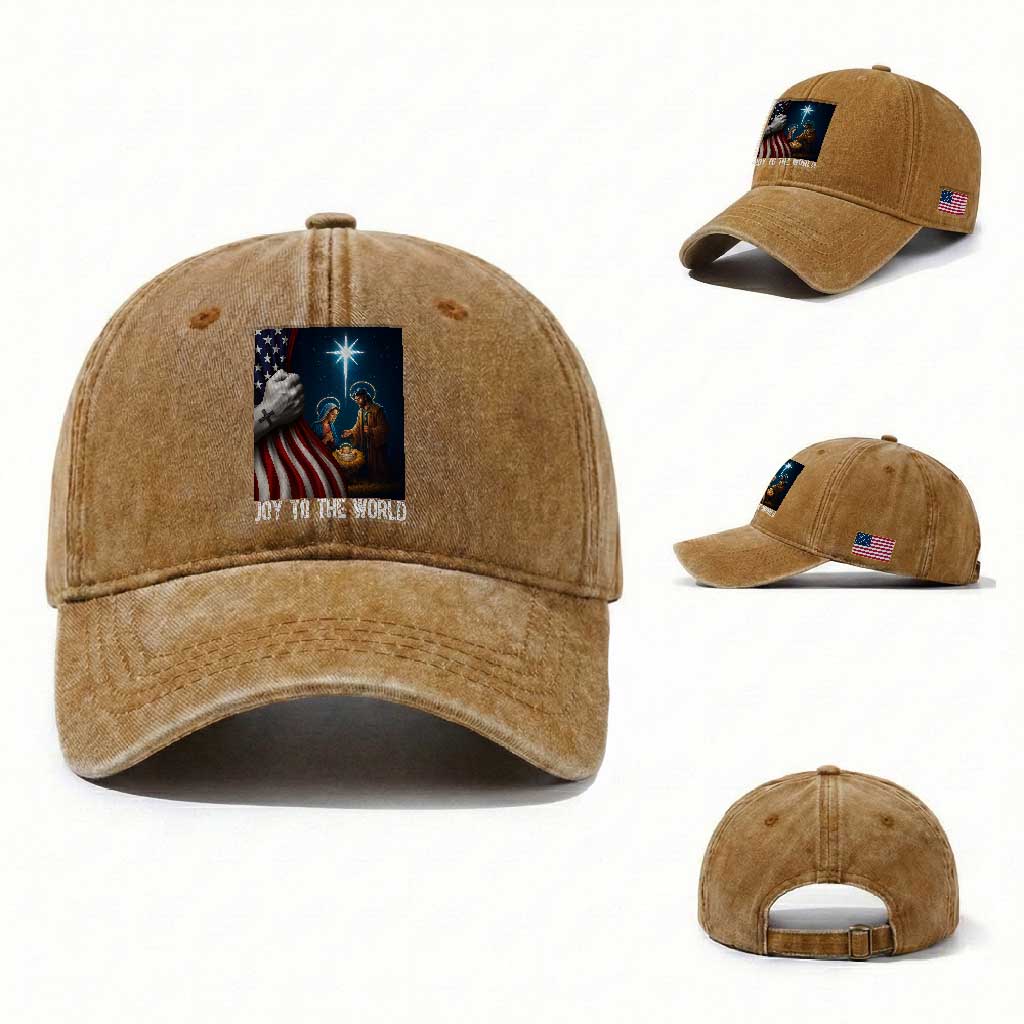 Jesus Christian Washed Cotton Baseball Cap American Flag Joy To The World Christmas TS14 Washed Cap Universal Fit Yellow Ochre Print Your Wear
