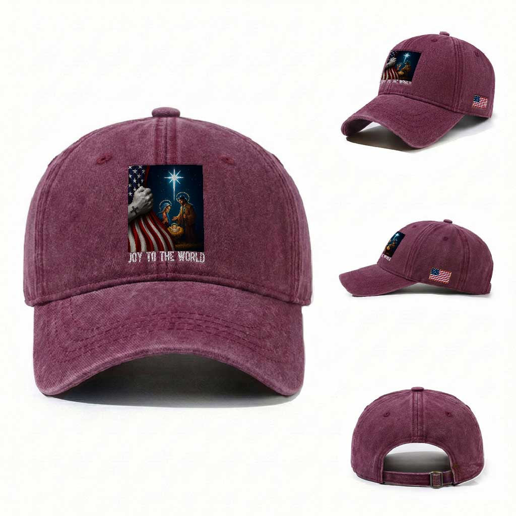 Jesus Christian Washed Cotton Baseball Cap American Flag Joy To The World Christmas TS14 Washed Cap Universal Fit Burgundy Print Your Wear