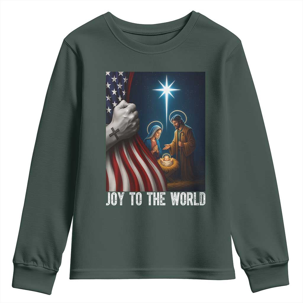 Jesus Christian Youth Sweatshirt American Flag Joy To The World Christmas TS14 Dark Forest Green Print Your Wear