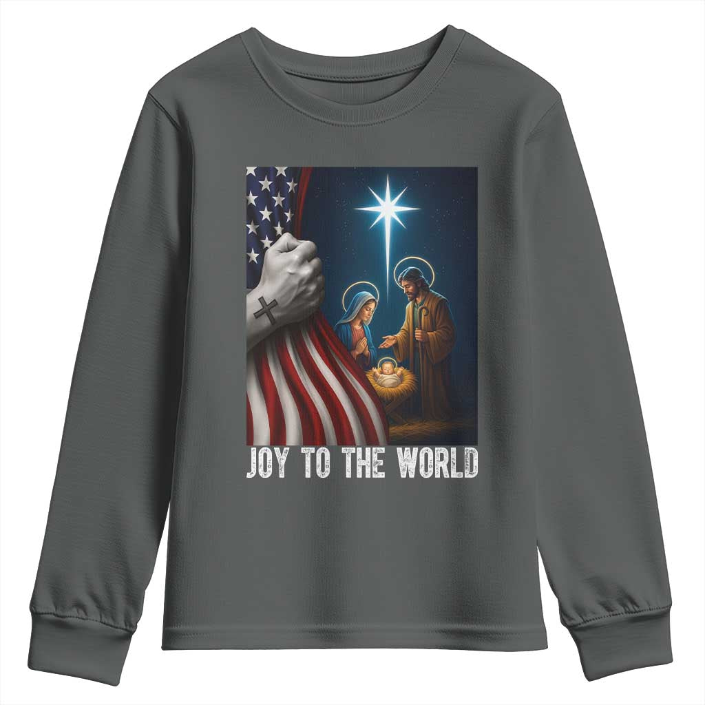Jesus Christian Youth Sweatshirt American Flag Joy To The World Christmas TS14 Dark Heather Print Your Wear