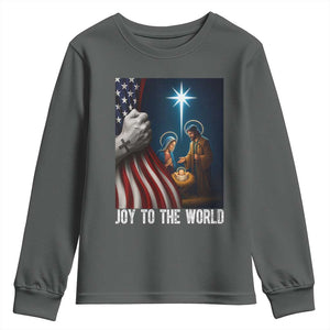 Jesus Christian Youth Sweatshirt American Flag Joy To The World Christmas TS14 Dark Heather Print Your Wear