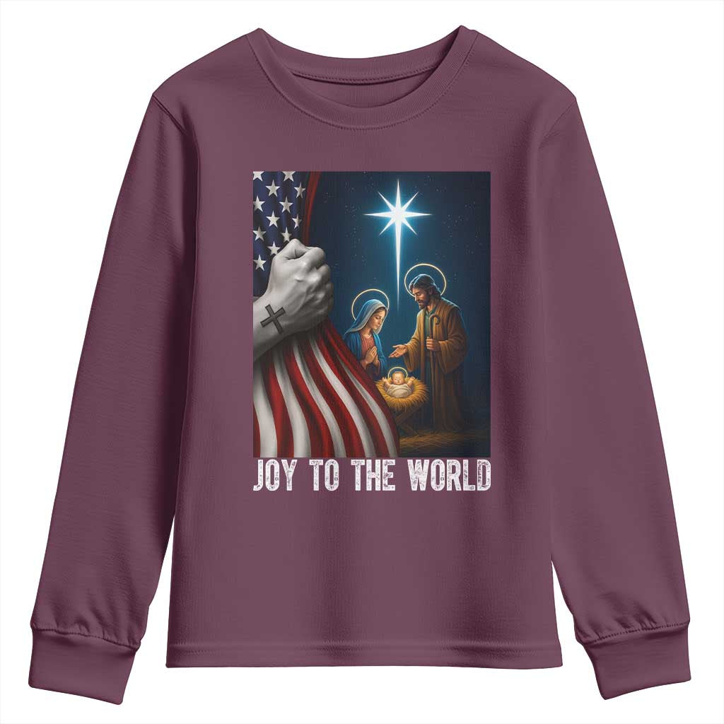 Jesus Christian Youth Sweatshirt American Flag Joy To The World Christmas TS14 Maroon Print Your Wear