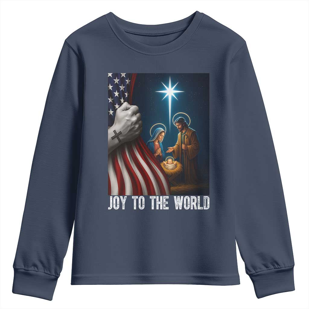 Jesus Christian Youth Sweatshirt American Flag Joy To The World Christmas TS14 Navy Print Your Wear