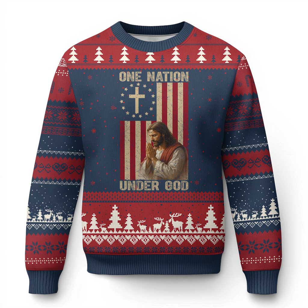 Jesus Christian Ugly Christmas Sweater One Nation Under God TS14 Navy Red Print Your Wear