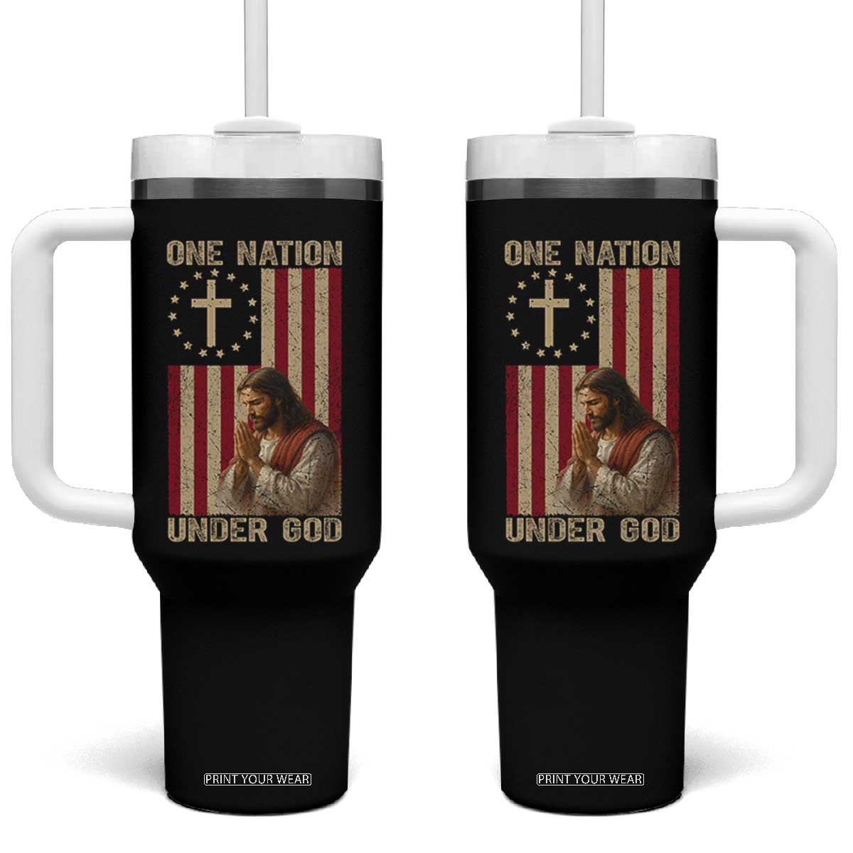 Jesus Christian Tumbler With Handle One Nation Under God TS14 One Size: 40 oz Black Print Your Wear