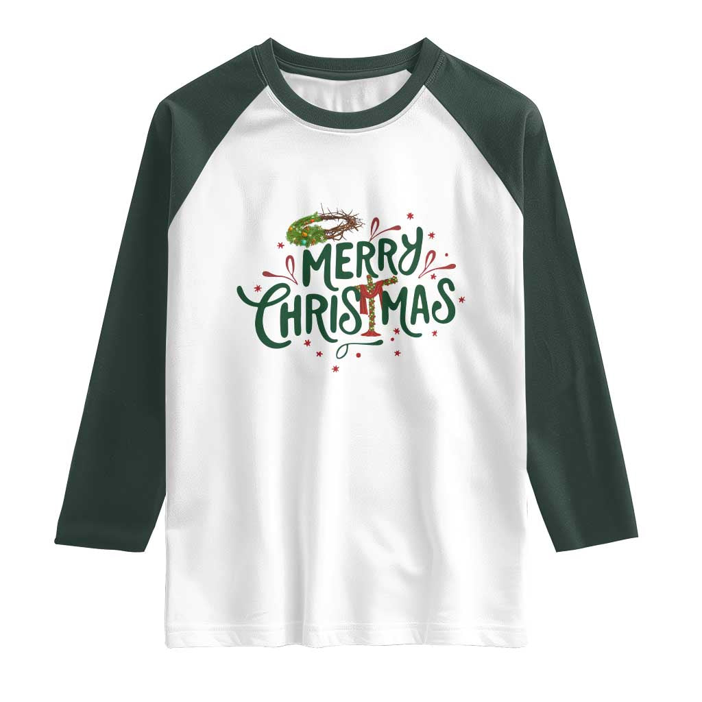 Jesus Christian Christmas Raglan Shirt TS14 White Dark Forest Green Print Your Wear