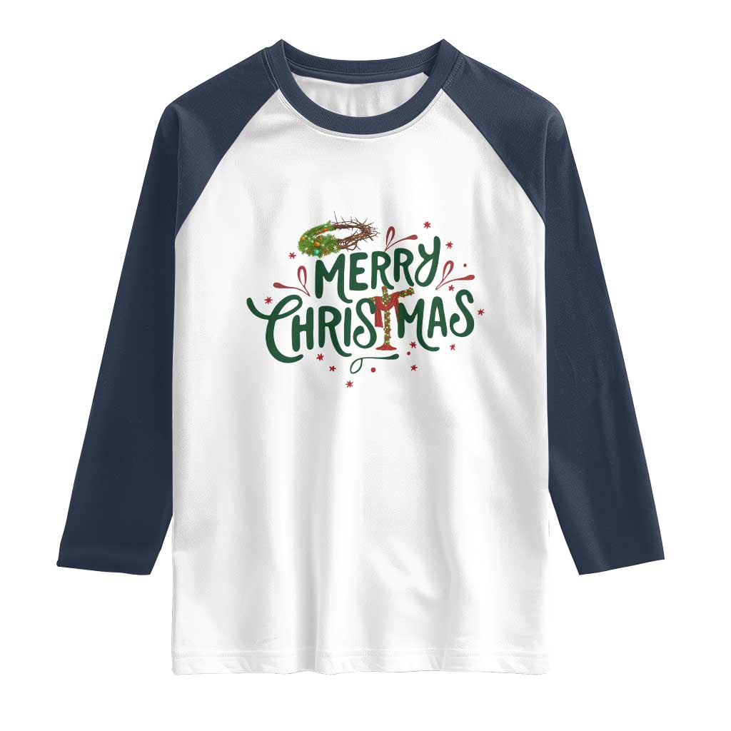 Jesus Christian Christmas Raglan Shirt TS14 White Navy Print Your Wear
