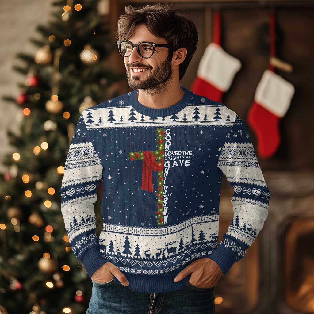 Jesus Christian Xmas Ugly Christmas Sweater God So Loved The World That He Gave His Only Son TS14 Navy Beige Print Your Wear