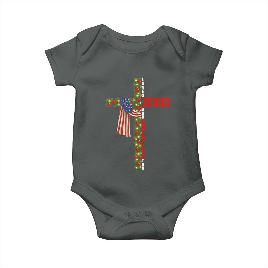 Jesus Patriotic Christmas Baby Onesie Loves Jesus And America Too TS14 Dark Heather Print Your Wear