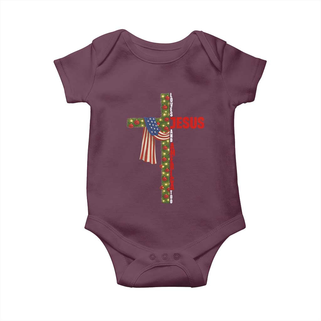Jesus Patriotic Christmas Baby Onesie Loves Jesus And America Too TS14 Maroon Print Your Wear