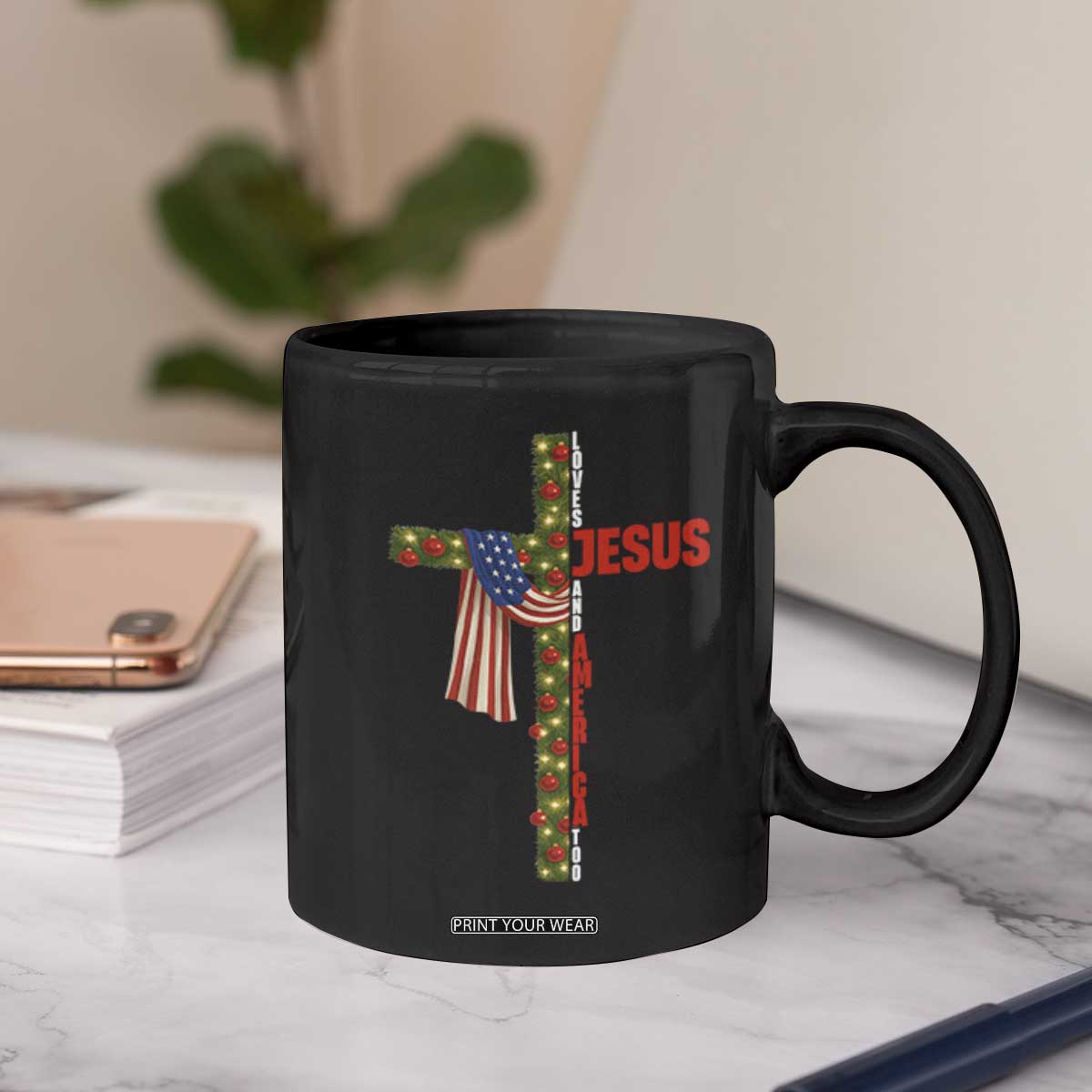 Jesus Patriotic Christmas Coffee Mug Loves Jesus And America Too TS14 Print Your Wear