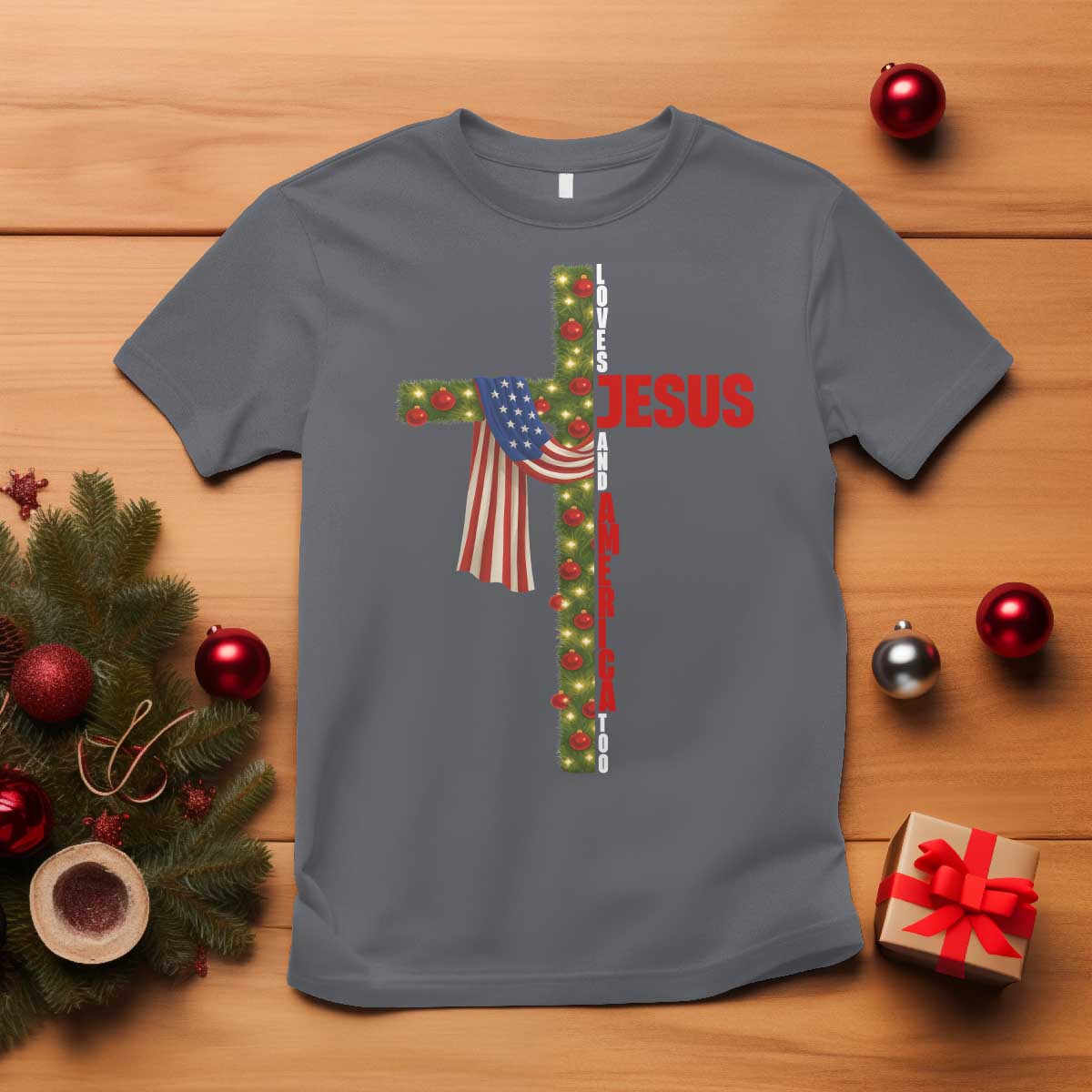 Jesus Patriotic Christmas T Shirt Loves Jesus And America Too TS14 Charcoal Print Your Wear