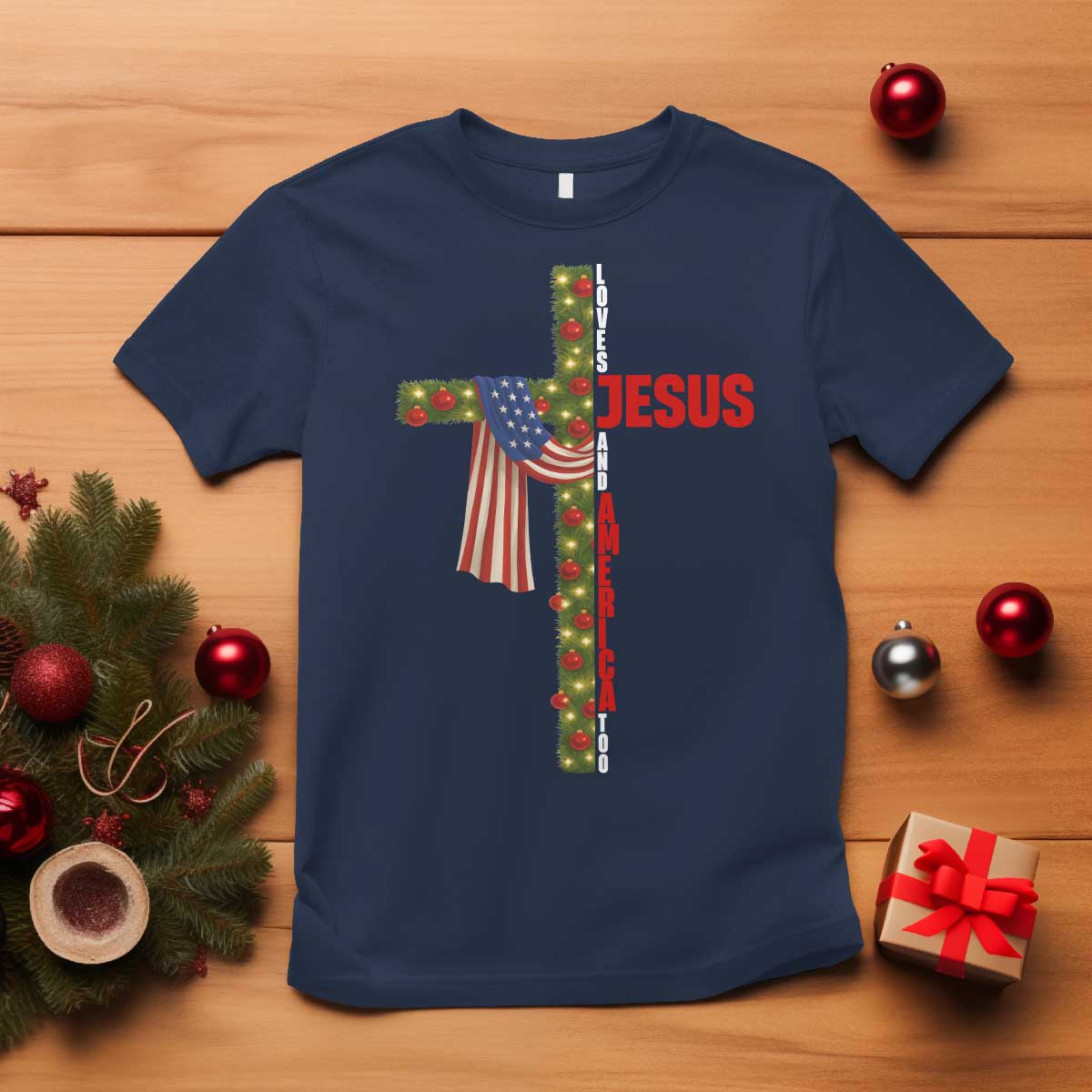 Jesus Patriotic Christmas T Shirt Loves Jesus And America Too TS14 Navy Print Your Wear