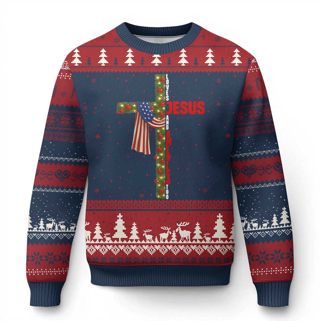 Jesus Patriotic Xmas Ugly Christmas Sweater Loves Jesus And America Too TS14 Navy Red Print Your Wear