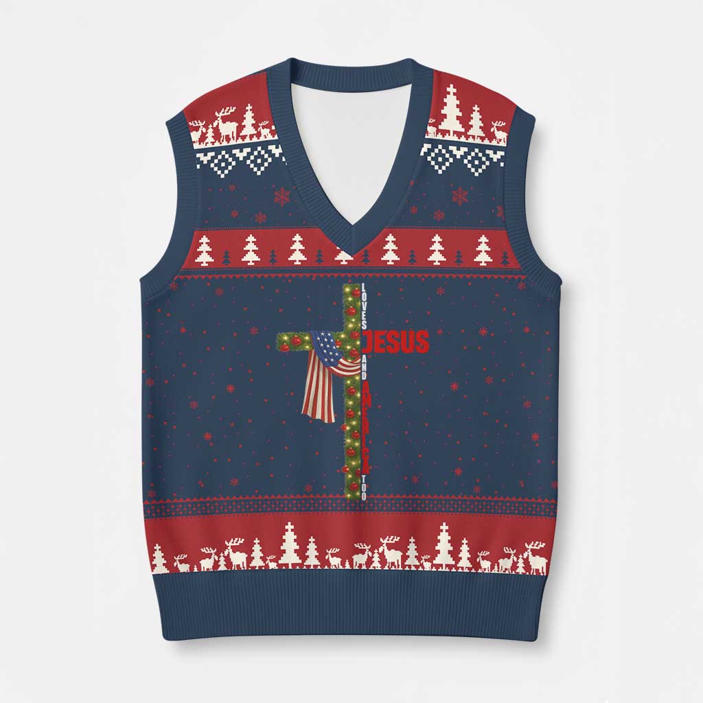 Jesus Patriotic Xmas V-Neck Knit Sweater Vest Loves Jesus And America Too TS14 Navy Red Print Your Wear