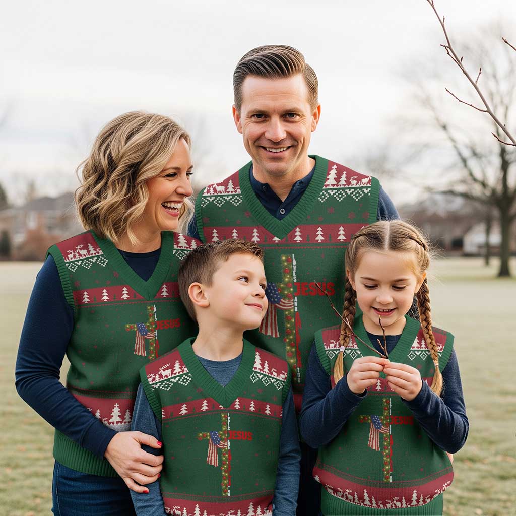 Jesus Patriotic Xmas V-Neck Knit Sweater Vest Loves Jesus And America Too TS14 Red Green Print Your Wear