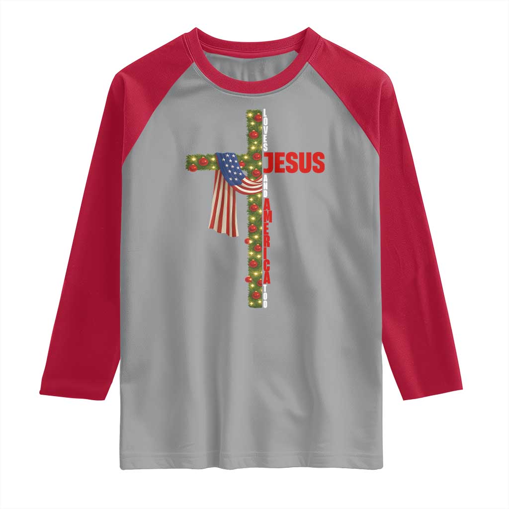Jesus Patriotic Christmas Raglan Shirt Loves Jesus And America Too TS14 Sport Gray Red Print Your Wear