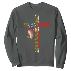 Jesus Patriotic Christmas Sweatshirt Loves Jesus And America Too TS14 Dark Heather Print Your Wear