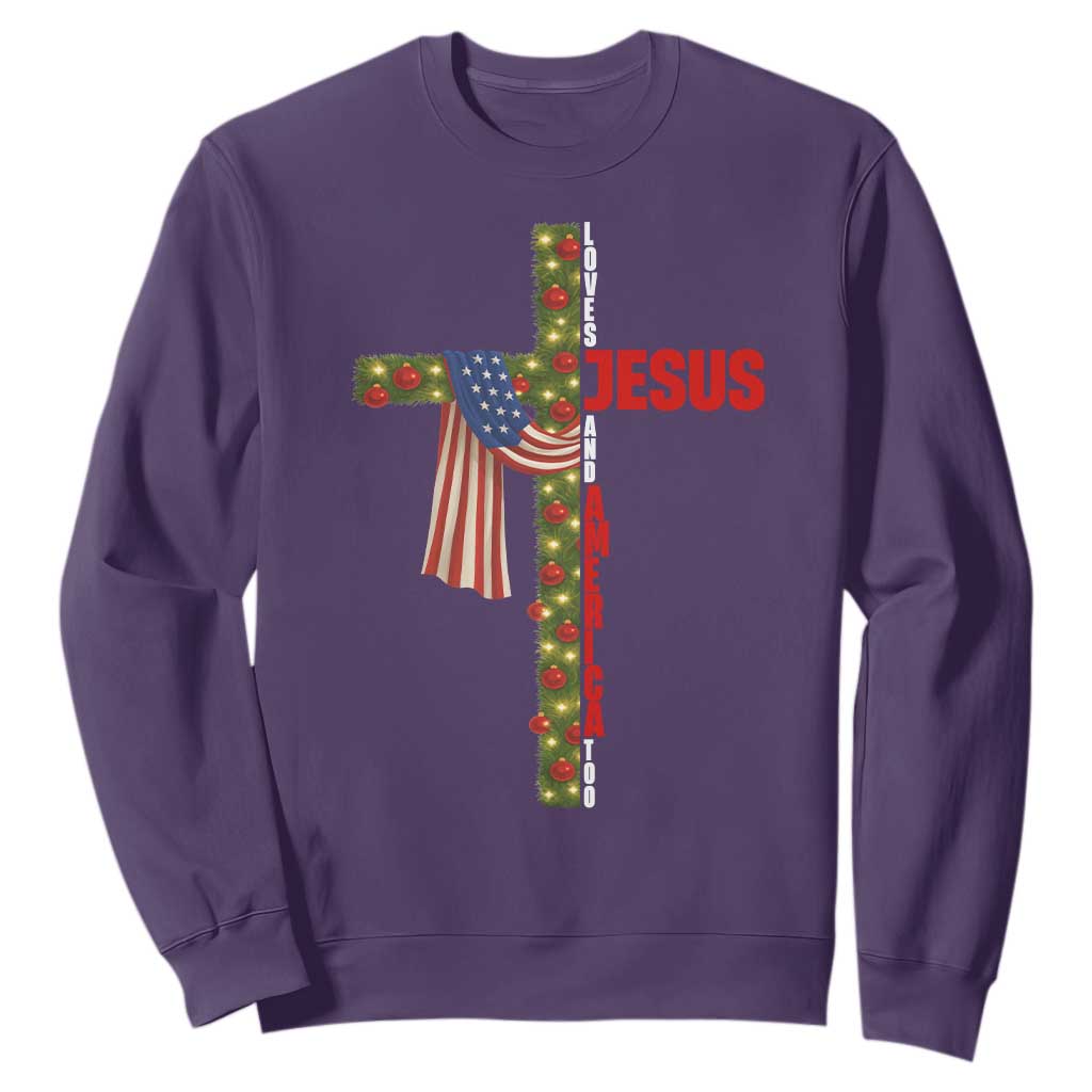 Jesus Patriotic Christmas Sweatshirt Loves Jesus And America Too TS14 Purple Print Your Wear