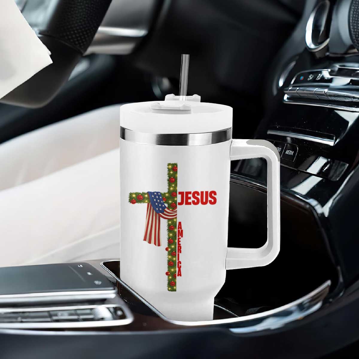 Jesus Patriotic Christmas Tumbler With Handle Loves Jesus And America Too TS14 Print Your Wear