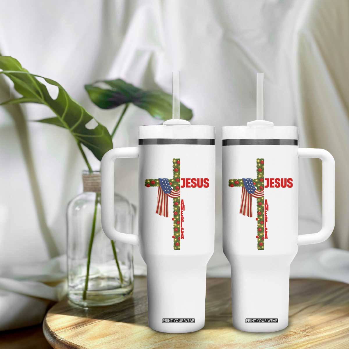 Jesus Patriotic Christmas Tumbler With Handle Loves Jesus And America Too TS14 Print Your Wear