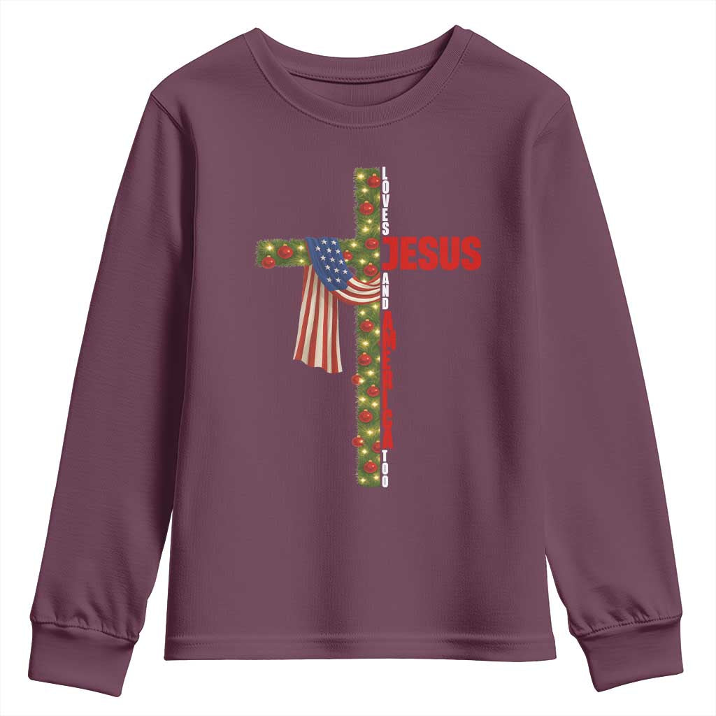 Jesus Patriotic Christmas Youth Sweatshirt Loves Jesus And America Too TS14 Maroon Print Your Wear