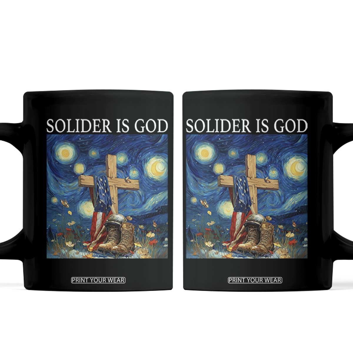 Army Christian Coffee Mug Soldier Cross Starry Night Faith Patriotic Jesus TS14 Black Print Your Wear