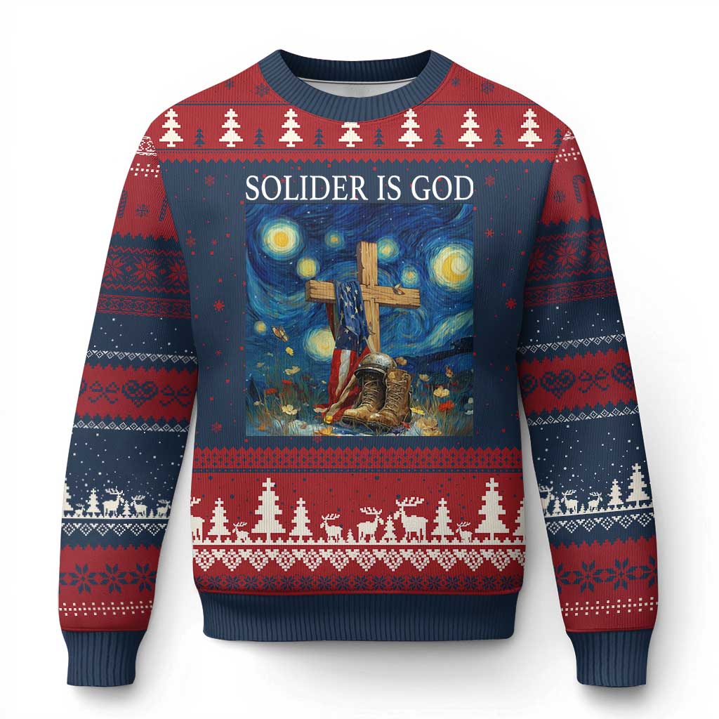 Army Christian Ugly Christmas Sweater Soldier Cross Starry Night Faith Patriotic Jesus TS14 Navy Red Print Your Wear