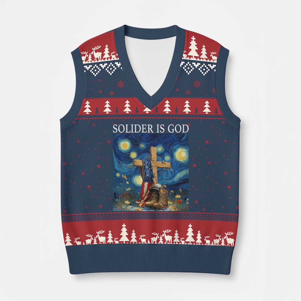 Army Christian V-Neck Knit Sweater Vest Soldier Cross Starry Night Faith Patriotic Jesus TS14 Navy Red Print Your Wear