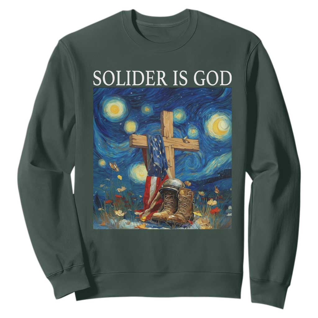 Army Christian Sweatshirt Soldier Cross Starry Night Faith Patriotic Jesus TS14 Dark Forest Green Print Your Wear