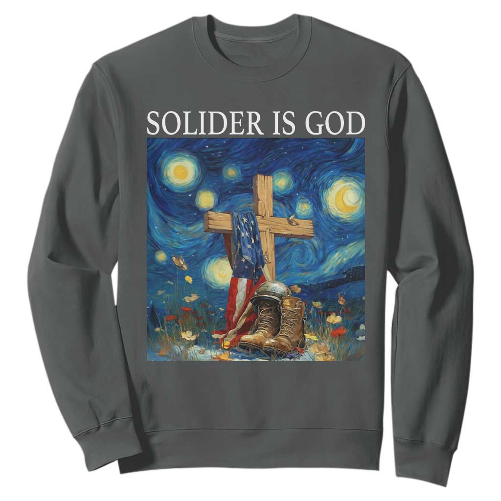 Army Christian Sweatshirt Soldier Cross Starry Night Faith Patriotic Jesus TS14 Dark Heather Print Your Wear