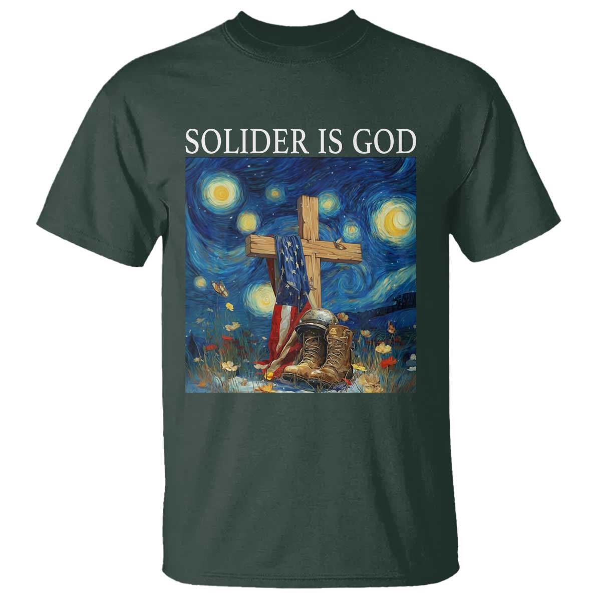 Army Christian T Shirt Soldier Cross Starry Night Faith Patriotic Jesus TS14 Dark Forest Green Print Your Wear