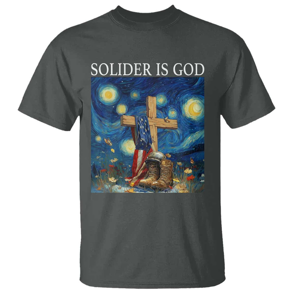 Army Christian T Shirt Soldier Cross Starry Night Faith Patriotic Jesus TS14 Dark Heather Print Your Wear